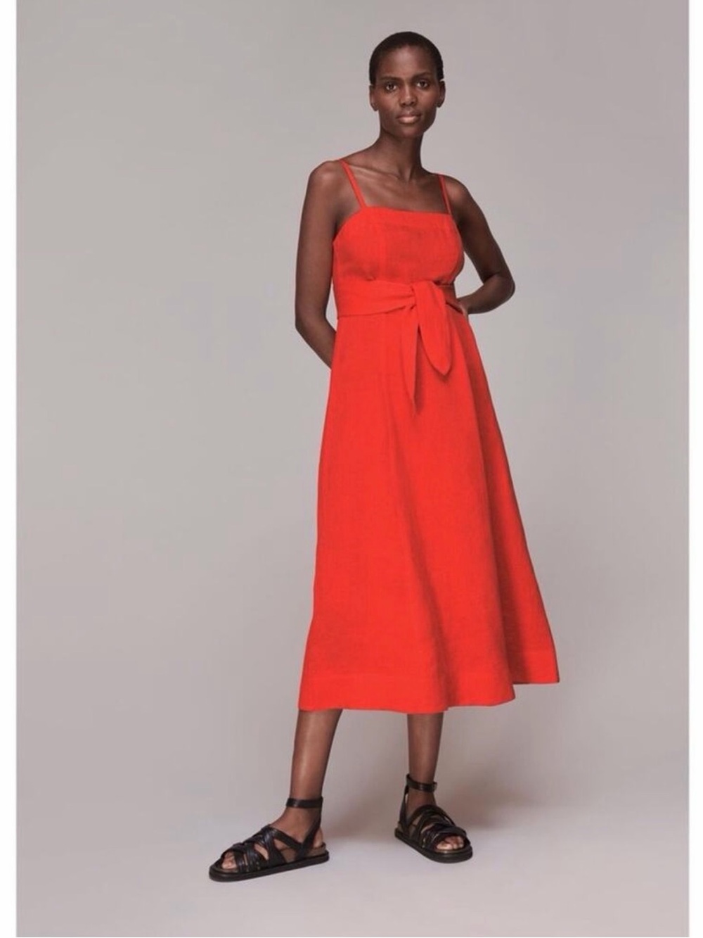 NEW Whistles Linen Tie Front Strappy Midi Dress Sz 10 Red